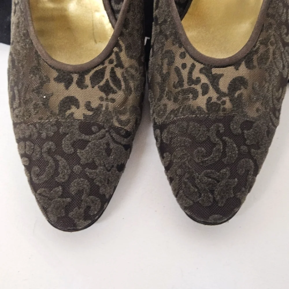 Saint Laurent Almond Toe Kitten Heels In Brown Suede And Velvet Mesh Size 9 - Picture 11 of 12
